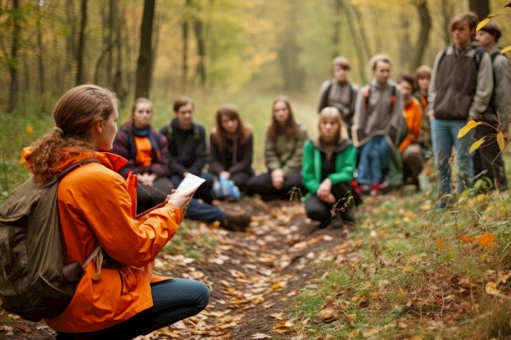 Bild zeigt eine Schulklasse im Wald.